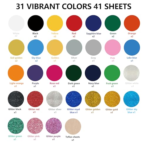 Image of guangyintong HTV Heat Transfer Vinyl Bundle, 41 Pack 12 inch x 10 inch Iron on Vinyl for T-Shirt 31 Assorted Colors Clossy and Glitter HTV Vinyl for All Cutting Machine Easy to Cut & Weed