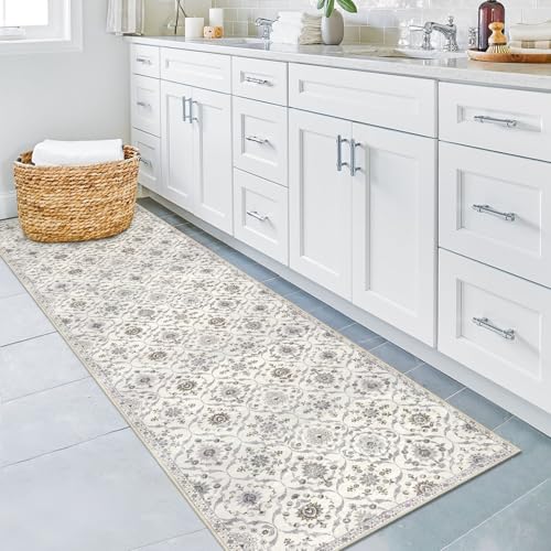KILOCOCO 2x7 Runner Rug, Moroccan Super Soft Washable Hallway Entryway Runner Rug, Accent Print Faux Wool Kitchen Runner Rug 7 Feet Non-Slip Runners Boho Rug Runners for Bedroom, Cream Beige Grey