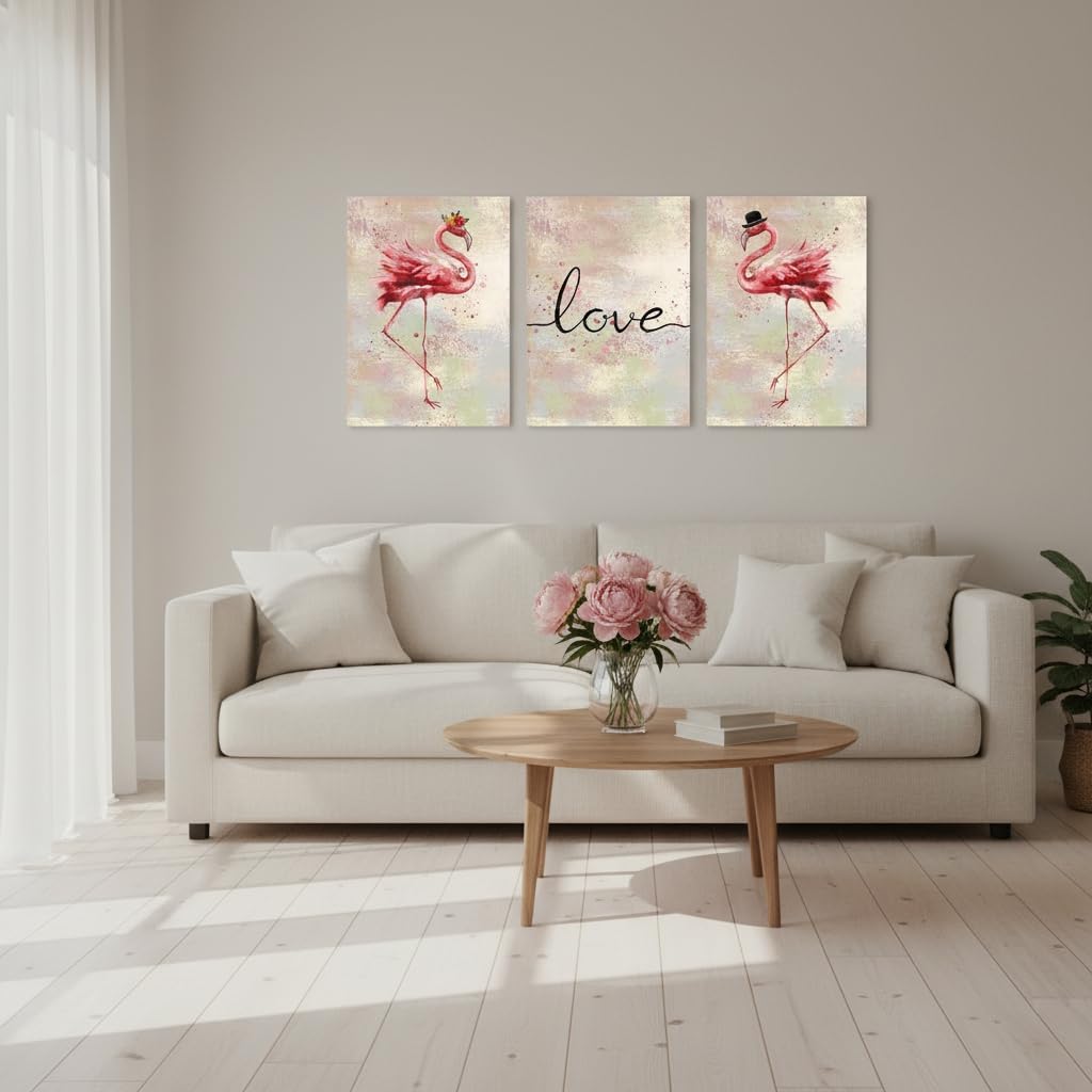 Conipit Flamingo Canvas Wall Art for Living Room Pink Picture Prints Love Artwork Romantic Flamingo Painting Wall Decor Framed Ready to Hang 12''x16''x3 Panels