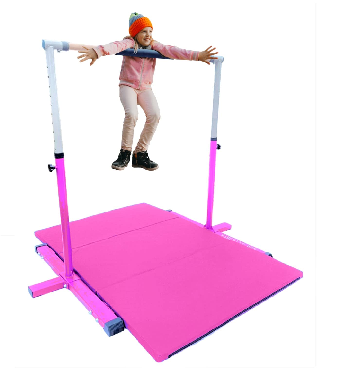 Professional Gymnastics Bar Kip Bar with 6'x4' Tumble Mat Set for Kids/Adults, 3 to 5 FT Adjustable Height Horizontal Bar, Junior Gymnast Gymnastic Bar Home Gym Expandable Asymmetric Bar Pink