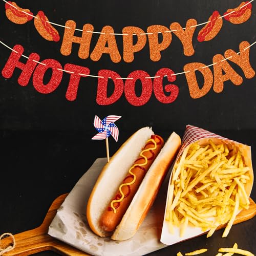 Image of Hot Dog Day Banner, Summer Barbecue Party Decorations | Summer BBQ & Cookout Party Sign, National Hot Dog Day Decorations, Pre-Strung Food Theme Party Decor