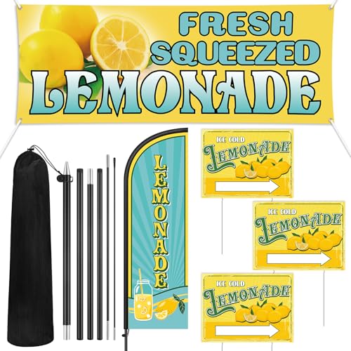 Hahafelt 5 Pcs Lemonade Stand Supplies Fresh Squeezed Lemonade Yard Sign with Swooper Feather Flag Kit and Lemon Banner for Advertising Business Store Decor Home Lawn Outdoor