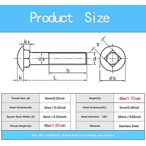 Image of 10Sets M8-1.25 45mm 304 Stainless Steel Carriage Bolts, Nuts, Flat Washers Kits, Plain Finish