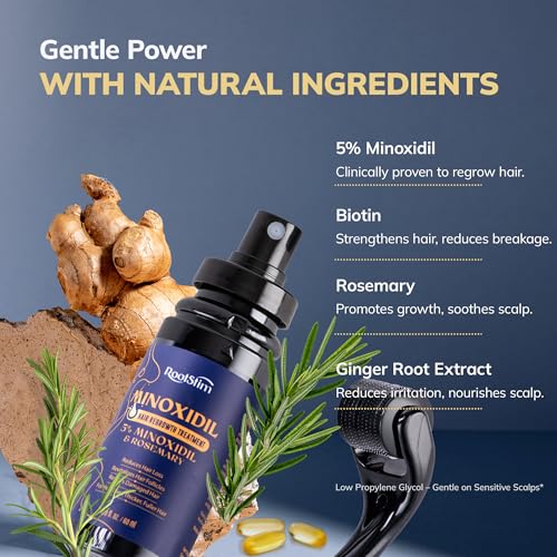 Image of 5% Minoxidil Spray + 0.25mm Derma Roller Hair Growth Kit for Men and Women, Hair Regrowth Treatment for Thinning Hairline, Crown & Beard, Rosemary Biotin Formula, 60 mL