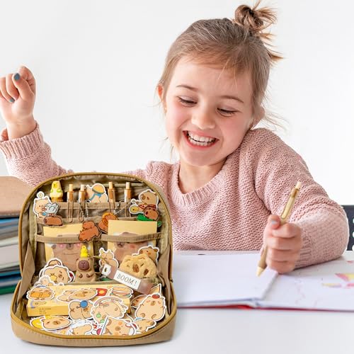 Image of Cute Capy Pencil Case - Capy Stationery Gift Set, Kawaii Cartoon School Supplies Kit with 11 Compartments Pen Pouch, Sticky Note, Clip, Brooch, Keychain, Sticker for Kids Student Office