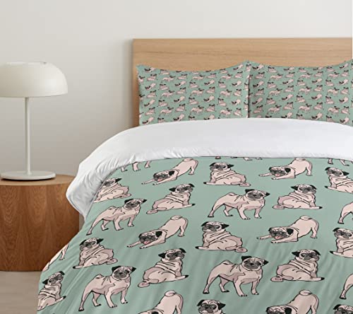 Ambesonne Pug Duvet Cover Set, Dogs Various States Sitting Standing Stretching Cartoon Style Pet Drawing, Decorative 2 Piece Bedding Set With 1 Pillow Sham, Twin Size, Turquoise #TOP4