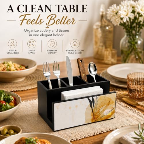 Image of Wooden Cutlery Holder I Countertop Organizer - Spoon Fork Knife Napkin Tissue Paper I Desk Supplies Pencil Pen Stationery Stand I Home & Kitchen I Size 7X 5 X 4, Autumn Black
