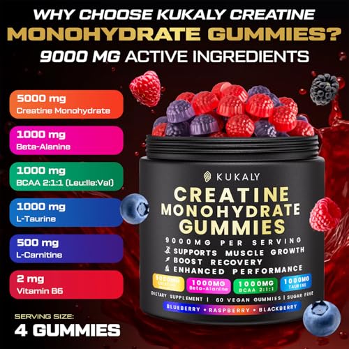 Image of kukaly Creatine Monohydrate Gummies for Men & Women, Creatine Gummies Sugar Free, Mixed Flavored with L-Taurine, BCAA 2:1, B12 B6 for Boost Strength, Focus & Endurance, Vegan, Non-GMO, 60pcs