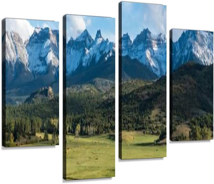 Canvas Print Artwork Cattle ranch below the Dallas divide mountains in Southwest Colorado Wall Art Pictures Framed Digital Print Abstract Painting Room Home Office Decor Ready to Hang - 4 Panel