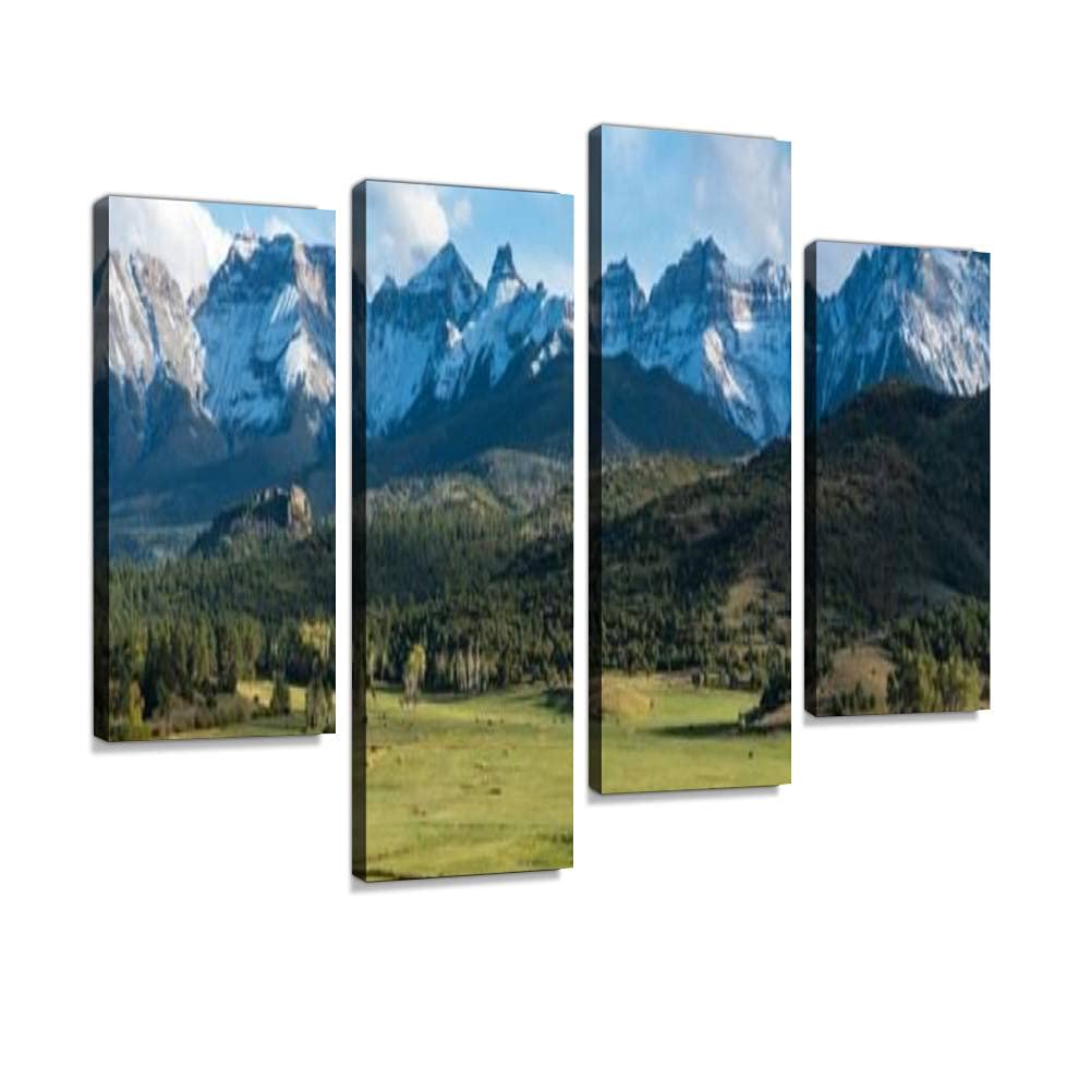 Canvas Print Artwork Cattle ranch below the Dallas divide mountains in Southwest Colorado Wall Art Pictures Framed Digital Print Abstract Painting Room Home Office Decor Ready to Hang - 4 Panel