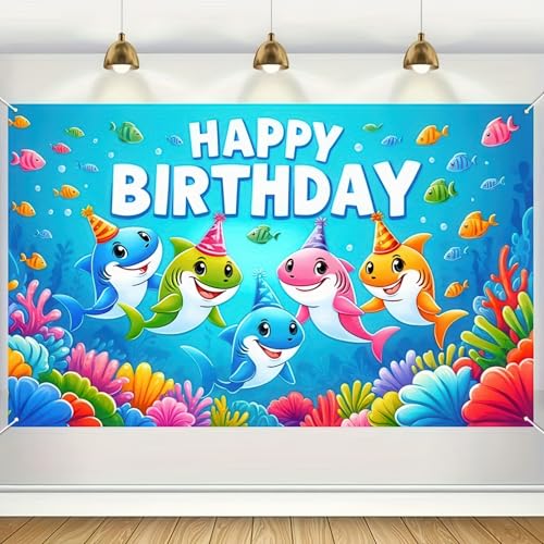 Image of HOMETITUTE Shark Birthday Party Decorations Ocean World Shark Family Happy Birthday Banner Ocean Decorations 71x43 Inch Underwater Coral Reef Party Backdrop Tropical Fish and Sea Life Decorations