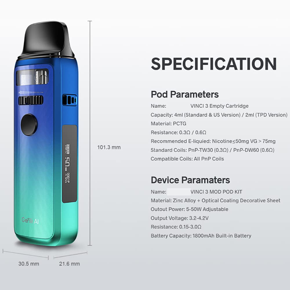 VINCI 3 POD Kit (aurora roja) 50W, VOO/POO E-Cig Vaporizador Equipado con  4ml VOO/POO VINCI 3 Cartucho vaco, Vape Kit alimentado por batera  incorporada de 1800mAh, sin nicotina : Amazon.es: Electrnica