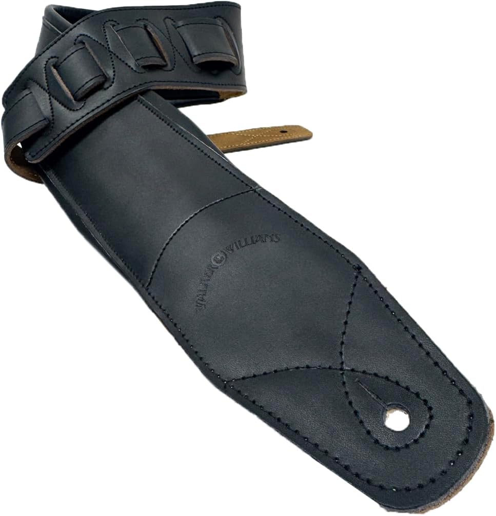 Walker & Williams B4B-CH-BB Char Black 4" Wide Double Padded Premium Heirloom Grain Leather Guitar And Bass Strap For Acoustic, Electric, And Bass Guitars