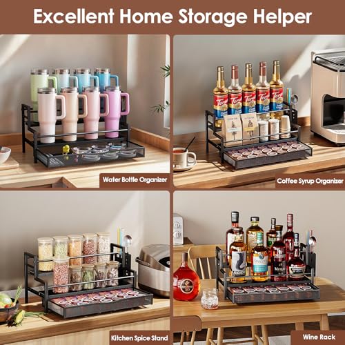 Image of Water Bottle Organizer for Full 40 oz Stanley with Handle, Black | 2 Tier Stanley Cup Organizer, 8 Bottles Capacity, Rustic Countertop Display Shelf, For Coffee Bar, Cabinet, Countertop