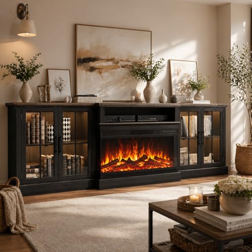 Breezestival Black 98 Farmhouse TV Stand with 36 Fireplace for Living Room Media Entertainment Center with Adjustable Shelves and Large Storage Cabinets TVs up to 100