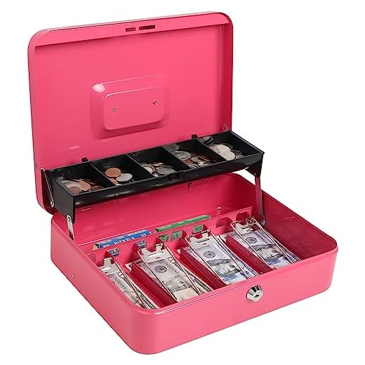 Cash Box with Money Tray and Key Lock, Parrency Large Money Box, 5 Compartments with Cover for Cions & 4 Spring-Loaded Clips for Bills, 11 4/5" x 9 2/5" x 3 1/2", Pink