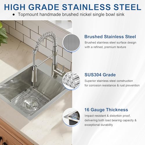 Image of 15x15 Inch Drop In Bar Sinks, Top Mount Handmade Single Bowl Small Kitchen Sink, 16 Gauge Stainless Steel Brushed Nickel for Wet Bar Prep RV Outdoor with Grid & Drain Strainer