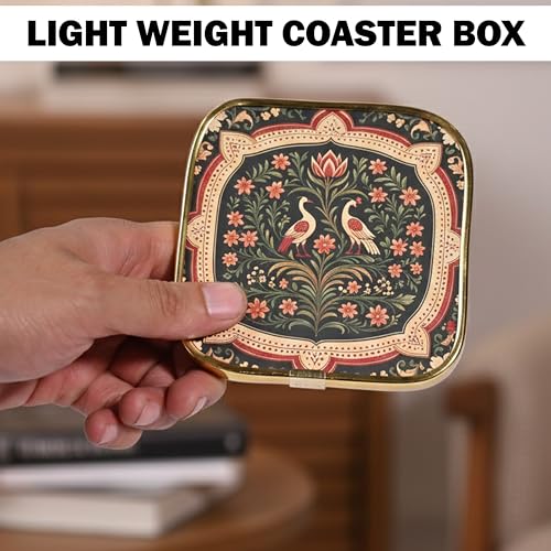Image of Rousrie Stylist Modern Wooden Coasters with Golden Border | Set of 6 | Stand Included Premium Handmade Coaster for Tea Cups, Coffee Mugs, Beer Mugs, 10 by 10 cm (Madhubani Pattern)