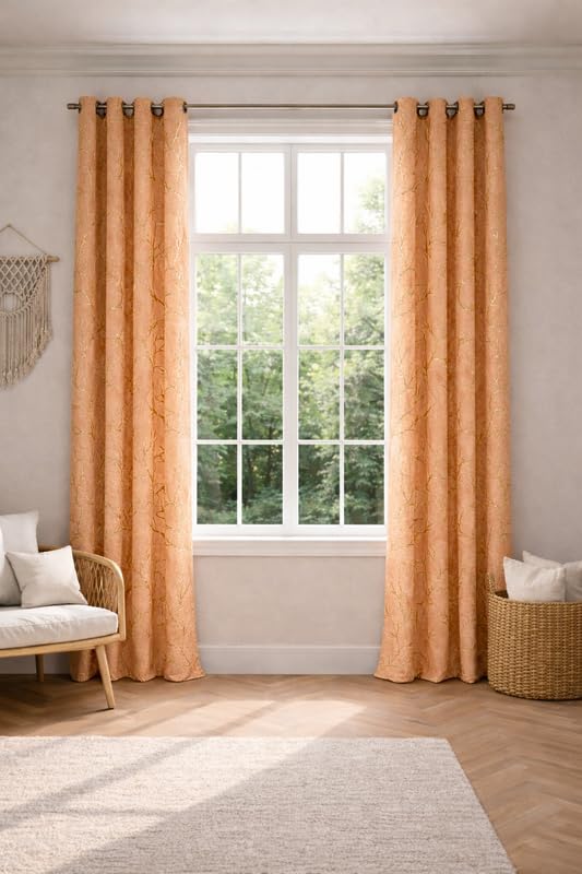 Image of Bilji Pattern Velvet 7 Feet Blackout Curtain Panels, 70% Light-Blocking Heavy Thermal Insulated Drapes Golden Foil Set of 1 (213 * 121cm, Beige)