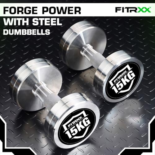 Image of Fitrxx Pair of chrome plated steel Fixed Weight Dumbbells - Gym equipment for home workout | Fitness Gym Dumbbell set for Muscles | stainless steel dumbles set | Dumbell Weights for Workout (Silver, 15 Kg Pair)