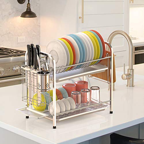 Dish Drying Rack, GSlife 2 Tier 304 Stainless Steel Dish Rack with Utensil Holder, Cutting Board Holder and Dish Drainer for Kitchen Counter,Silver - Thumbnail 7