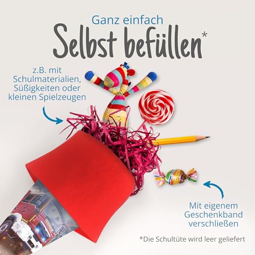 itenga Geschwister Schultüte Feuerwehr Zuckertüte mit Filzverschluss - Feuerwehrauto und Feuer - Schule Einschulung Schulanfang 35cm
