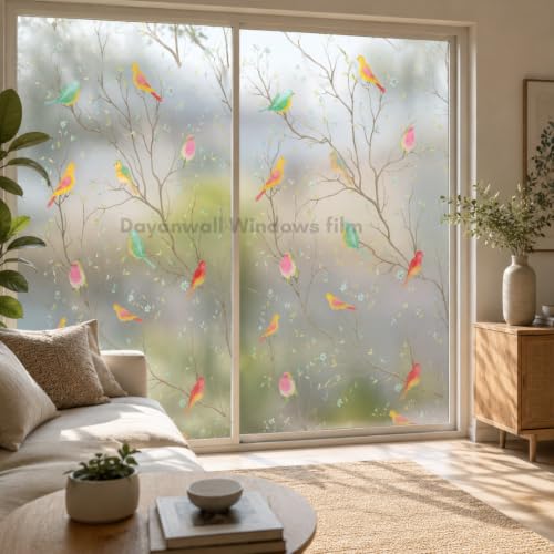 Image of Self Adhesive Window Privacy Film for Glass Windows & Doors | UV Blocking, Heat & Glare Reduction | Decorative Frosted Glass Film Easy to Apply (Bird with Frosted Background, 24X50 Inch)