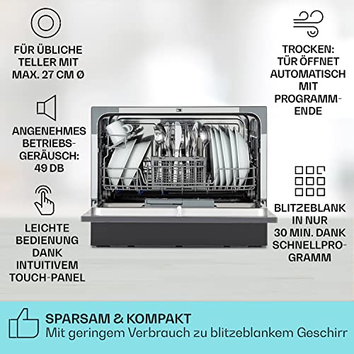 Klarstein Mini-Geschirrspüler für 6 Gedecke, Leiser mit 6 Spülprogrammen, Kleiner Tisch-Geschirrspüler für Zuhause Büro Camping, mit Wasseranschluss, Edelstahl, Anthracite – Bild 3