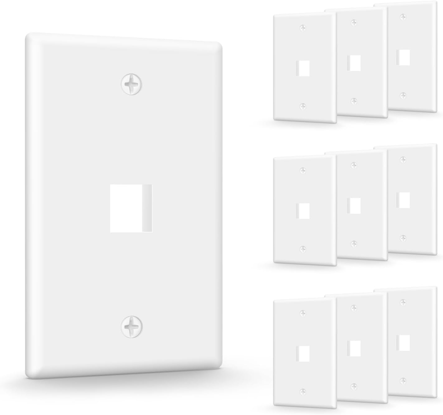 UL Listed Keystone Wall Plate 1-Port, Low Profile Wall Plate for RJ45 Keystone Jack or Coupler and HDMI/Coax Modular Jack Inserts, White 10-Pack