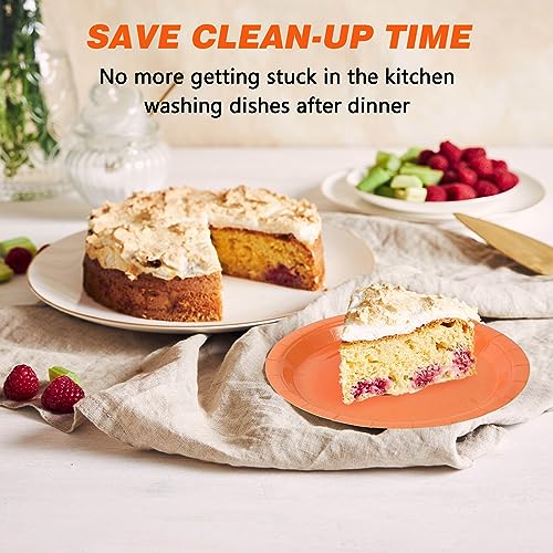 Image of Orange Disposable Paper Plates, 7 Inch Dessert Cake Plates, 50 Count Bulk | Sturdy and Durable Party Plates, for Birthday, Baby & Bridal Showers, Halloween, Christmas,BBQ, Weddings,for Cake & Snacks