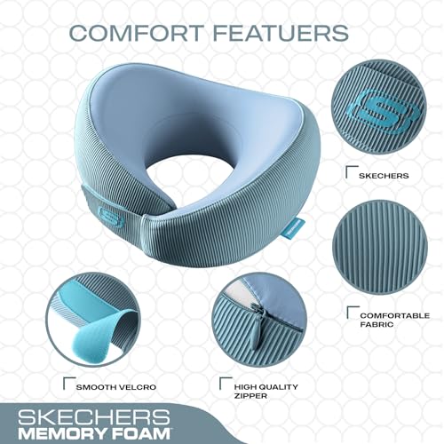 Image of Skechers Women's Memory Foam Neck Pillow, Comfortable & Breathable Travel Pillow,Neck Pillow Airplane for Travel, Car Rides, Home, and Office Use, Ergonomic Design for Men and Women,Light Blue