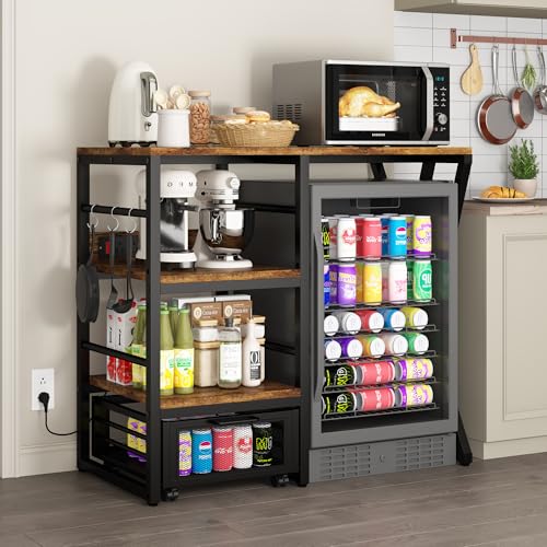 Beverage & Wine Fridge Stand with Movable Basket, Coffee Bar Cabinet with Mini Fridge Space and Power Outlet, Kitchen Storage Organizer with Worktop, Microwave Oven Stand Rack for Home, Dorm, Office