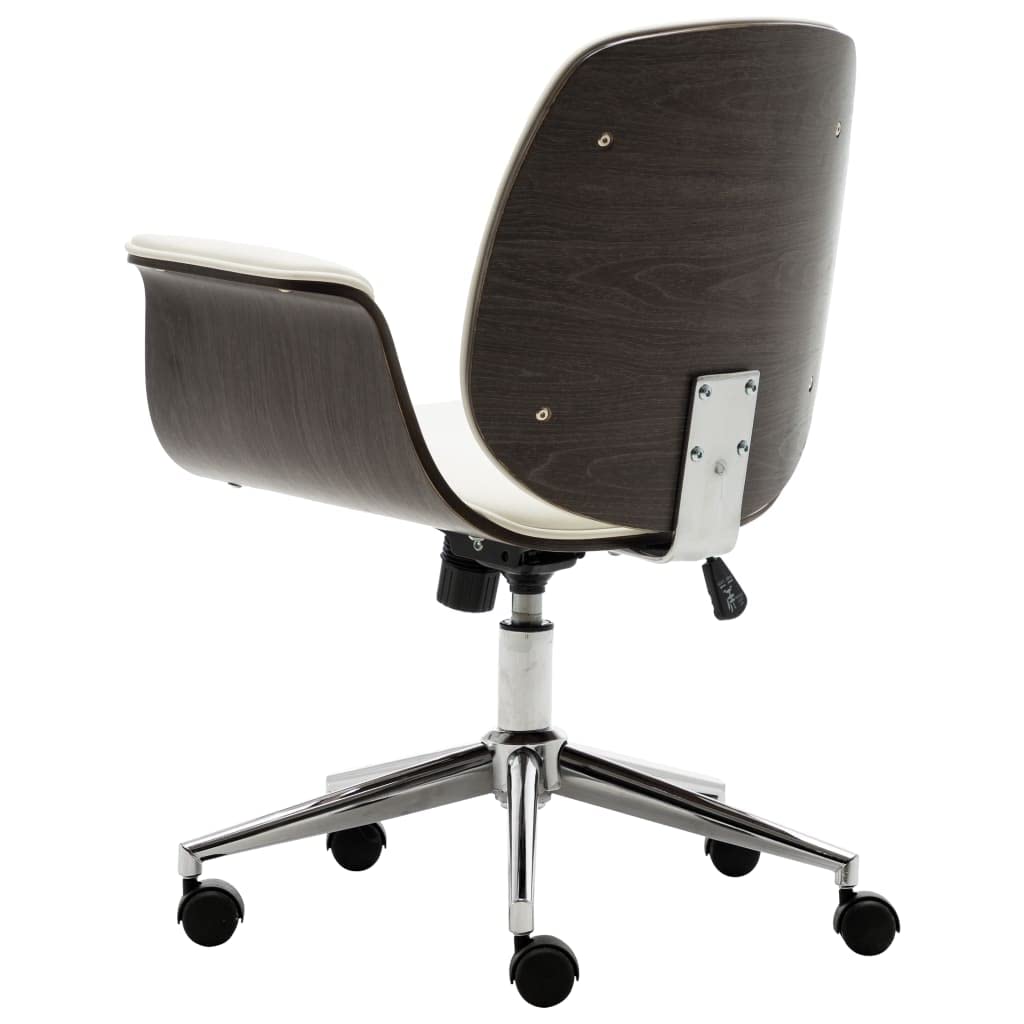Białe krzesło biurowe z zakrzywioną ramą drewnianą i obiciem ze sztucznej skóry, z regulacją wysokości, 5 kółek, ergonomiczny komfort, idealne do domowego biura, salonu lub biura