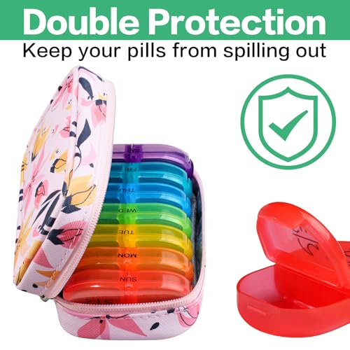 Image of Serfeymi Weekly Travel Pill Organizer 2 Times A Day AM PM Upgraded Rainbow Pill Box 7 Day with Portable Zipper PU Leather Pill Case, Medicine Organizer for Pills, Vitamins, Fish Oils - Pink 03
