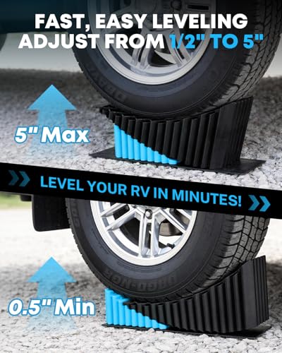 Image of Kohree RV Leveling Blocks, Levels Up to 5 inch, Supports Up to 50,000 lbs | 2 Curved Camper Levelers, 2 Wheel Chocks, 2 Rubber Mats, 1 Carry Bag, for Travel Trailers & Fifth Wheels, Blue