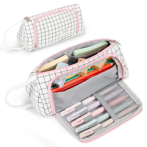 Image of Zzrywuty Big Pencil Case Pouch Large Capacity Soft Quilted Pen Bag for Teens Girls Adults Student Simple Stationery Bag School College Office (White Checkered)
