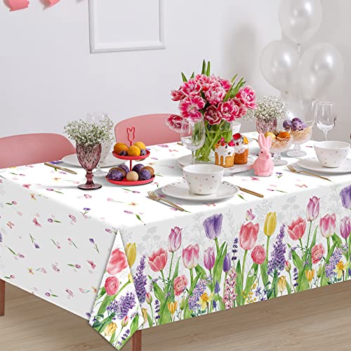 8 Pack Spring Lavender Tulip Plastic Tablecloth, Summer Blooming Floral Disposable Table Cloth, Watercolor Seasonal Holiday Table Cover For Easter Picnic Spring Summer Party Decorations, 54 X 108 Inch #TOP5