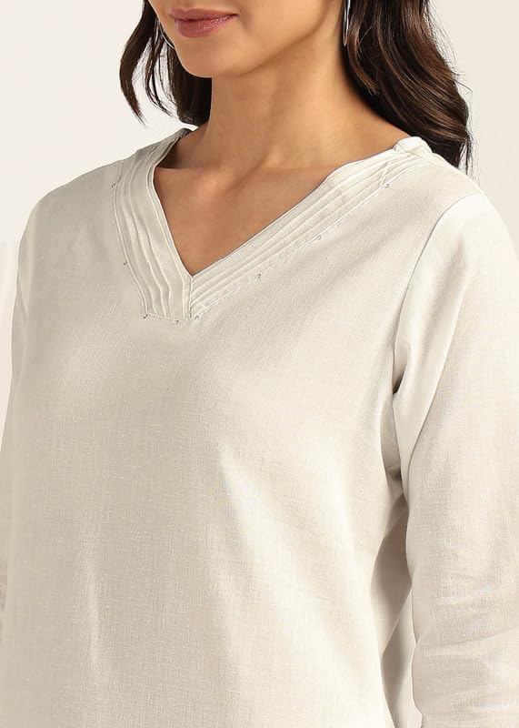Image of BLOCKS OF INDIA Women's Solid Straight Kurta Set | Hand-Stitched Neck Details with Pintucks | Comfortable Pants with Pockets, Elastic Waist & Drawstring Fit