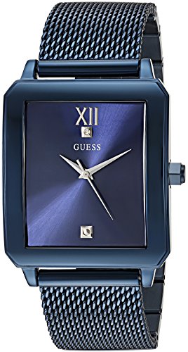 GUESS  Rectangular Stainless Steel Blue Ionic Plated Mesh Bracelet Watch Genuine Diamond Dial. Color: Iconic Blue (Model: U1074G2)