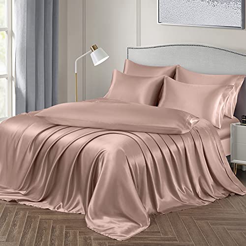 Image of Ersmak 7 Pieces Satin Sheets Set Queen Size, Luxury Silky Champagne Satin Bed Sheets Set with 1 Deep Pocket Fitted Sheet, 1 Soft Flat Sheet, 4 Queen Pillowcases and 1 Body Pillowcase
