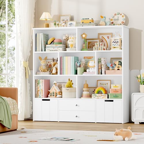 Image of FINETONES Toy Storage Organizer, Large Kids Bookshelf with 4 Drawers and 7 Cubbies, Toy Organizers and Storage with Hidden Wheels, Kids Storage Organizer Playroom, White