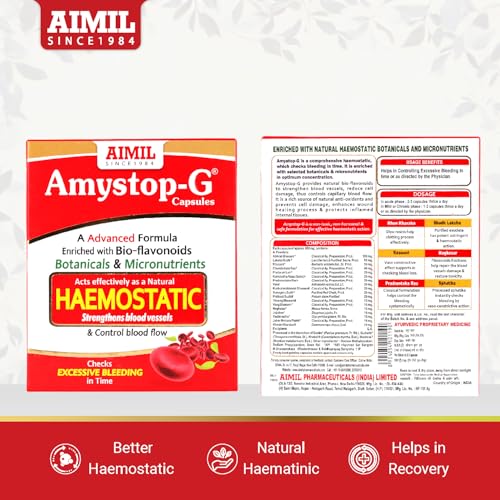 Image of AIMIL Amystop-G Capsules - 20 Capsules (Pack of 3) | Natural Haemostatic | Strengthens Blood Vessels & Checks Excessive Bleeding Naturally