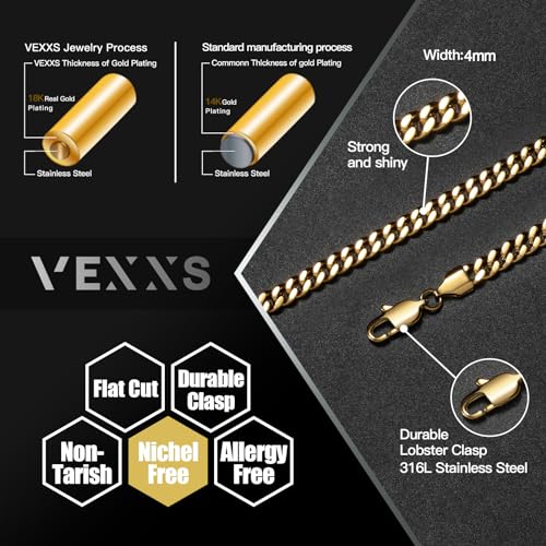 VEXXS Men's Gold Chain Flat Cut,18K Real Gold Plated Cuban Link Chain, Durable No Color Fading Stainless Steel Curb Chain 4mm 5mm 6mm Men’s Necklace2