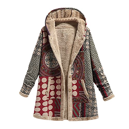 Akivide Womens Winter Button Up Patchwork Sherpa Fleece Lined Hooded Jacket Coat Linen Long Sleeve Warm Liner Pocket Coat