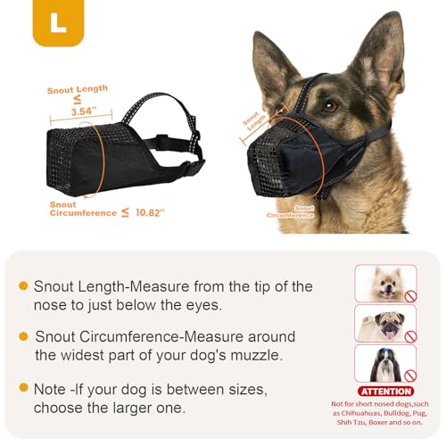 Image of Mesh Dog Muzzle, Breathable Soft Dog Muzzle with Reflective Straps for Secure Fit, Prevents Biting, Chewing Scavenging - Adjustable for Small Medium Large Dogs,Black,L