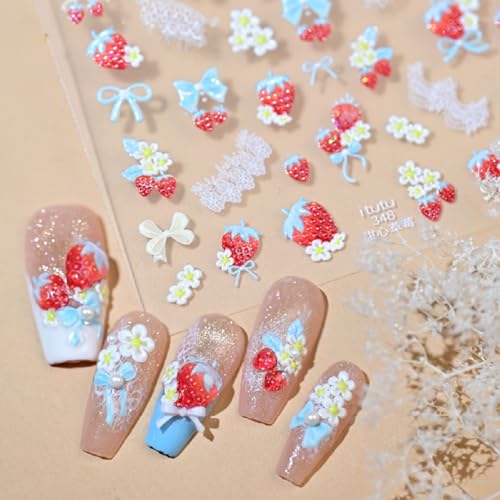 Image of Strawberry Nail Stickers Cute Nail Decals Flower Nails Art Stickers with Bow Design 5D Embossed Self Adhesive Nails DIY Charms for Women Manicure Decoration Supply