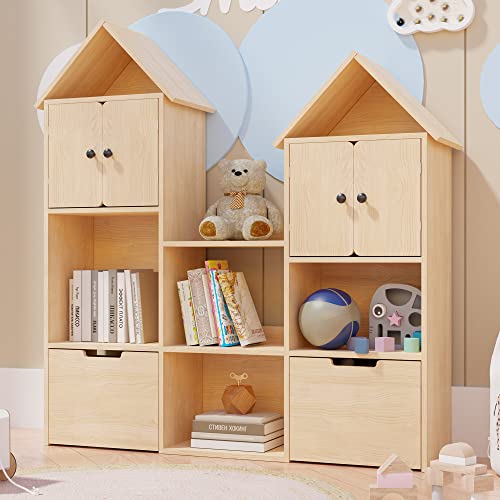 Cozy Castle Wooden Kids Bookshelf With Toy Box, Toy Storage Organizer With Wheels, Kids Bookcase For Playroom, Bedroom, Gift For Ages 3+, Oak #TOP2