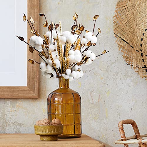 Tallew 24 Pieces Farmhouse Cotton Flowers Artificial Cotton Stems Dried Wheat Bouquet Fake Cotton Decor with Head for Graduation Bouquet Table Home Kitchen Wedding Office Decor