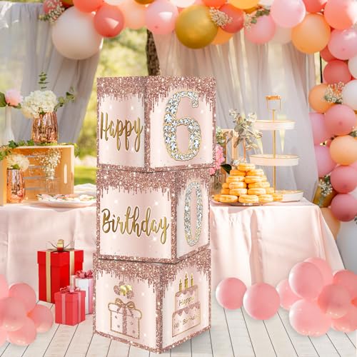 Image of Guiruiy 3 Packs Pink Rose Gold 60th Birthday Balloon Boxes, 10.6 x 10.6 x 10.6 inches, Happy 60th Birthday Decorations for Women