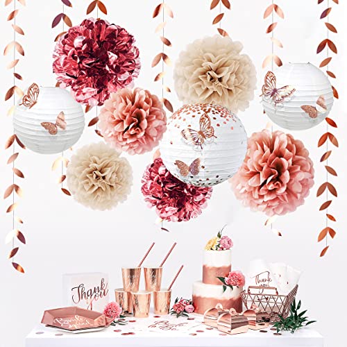 CENPEK Kit de décoration de fête 18 pièces Or Rose à Suspendre en Papier éventails lanternes Pompons Fleurs avec Papillon 3D et Guirlande de Feuilles dorées pour Anniversaire, fiançailles